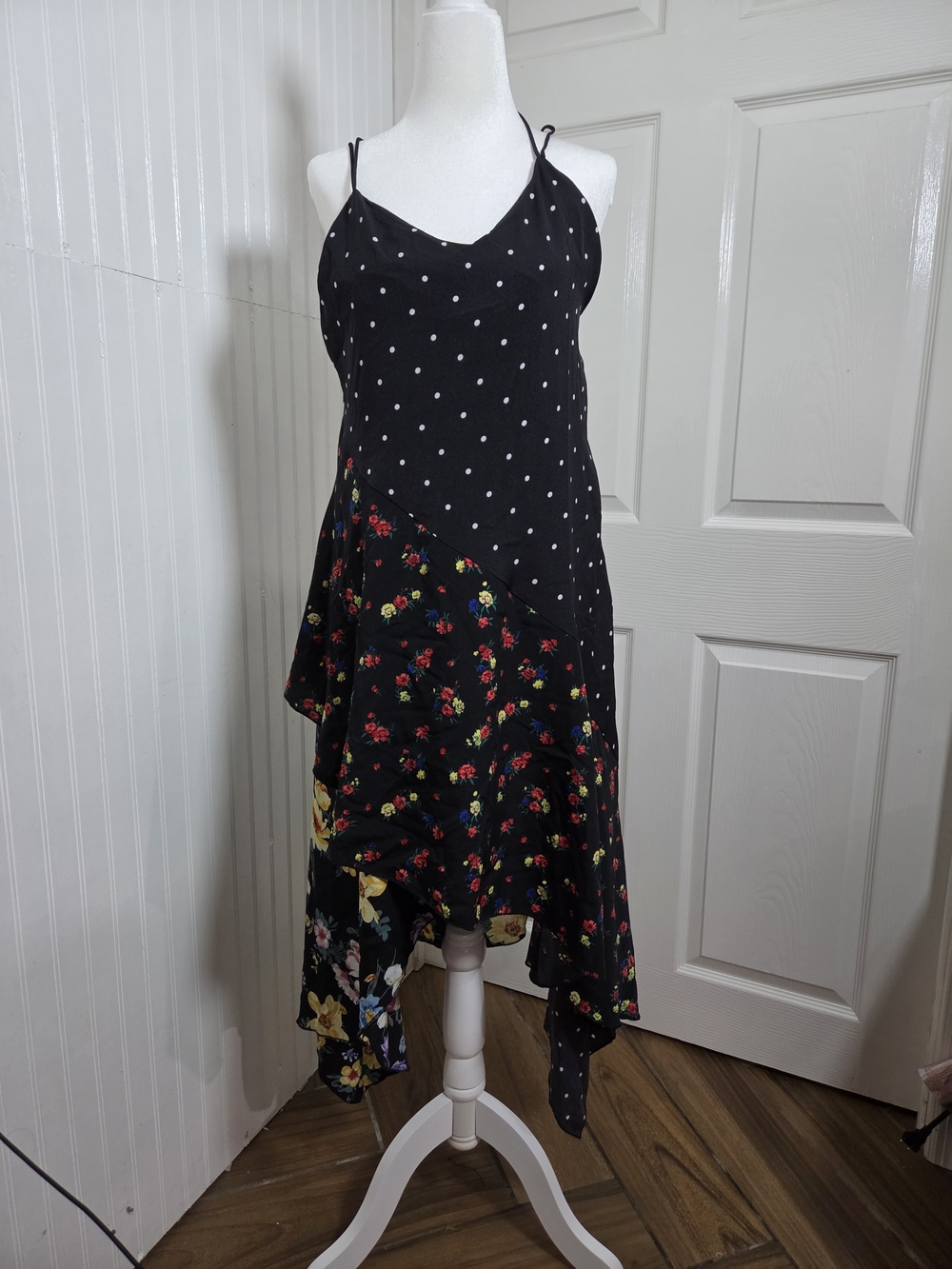 Machine Black Polka Dot & Floral Asymmetrical Slip Dress